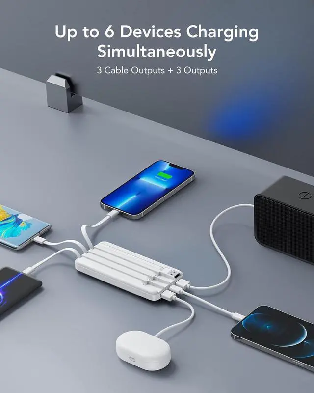 Alt view image 3 of 7 - Portable Charger with Built in Cables, Portable Charger with Cords Wires Slim 10000mAh Travel Battery Pack 6 Outputs 3 Inputs 3A Fast Charging Power Bank for Samsung Google Pixel LG Moto iPhone iPad