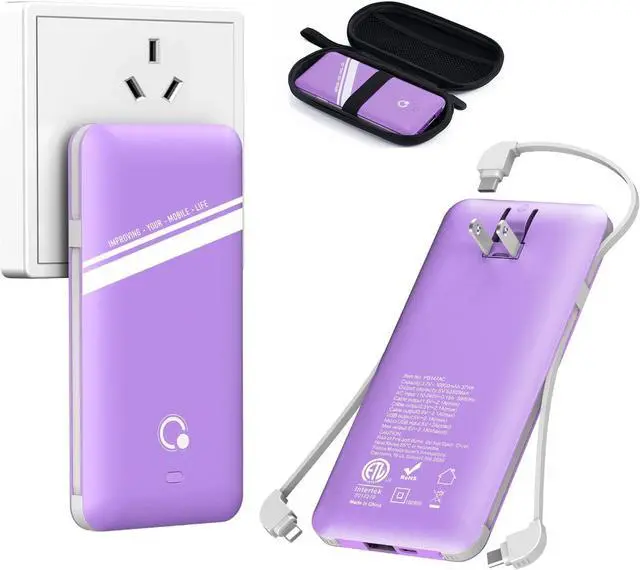 Main image of 10000mAh Power Bank, Q Slim Portable Charger,4 Output External Battery Pack with Built-in AC Wall Plug Micro USB C Three Cables Compatible with Different Kinds of Mobilephone (Purple)