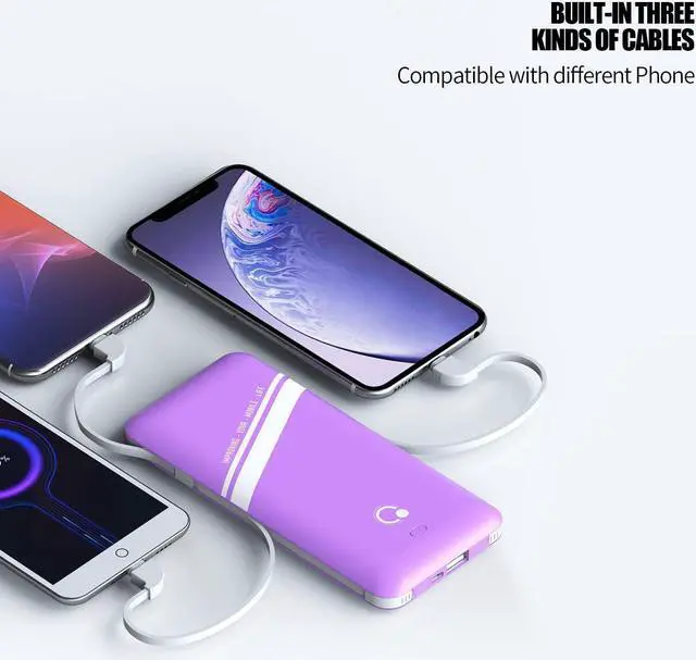 Alt view image 2 of 3 - 10000mAh Power Bank, Q Slim Portable Charger,4 Output External Battery Pack with Built-in AC Wall Plug Micro USB C Three Cables Compatible with Different Kinds of Mobilephone (Purple)