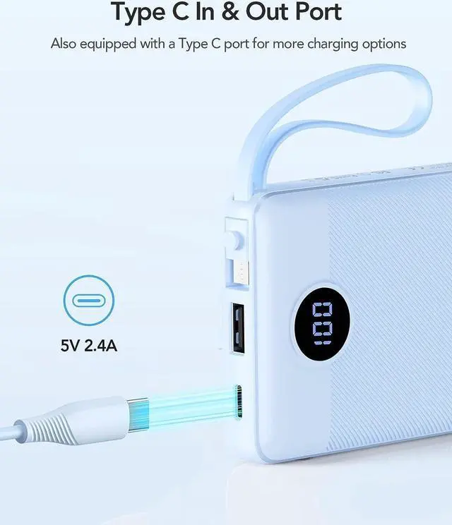 Alt view image 3 of 7 - 10000mAh Power Bank Built-in Cables Portable Charger with LED Display Slim Travel Battery Pack with Cords 5 Output Dual Input Phone Charger for Cell Phone Smart Devcies-Blue(1 Pack)