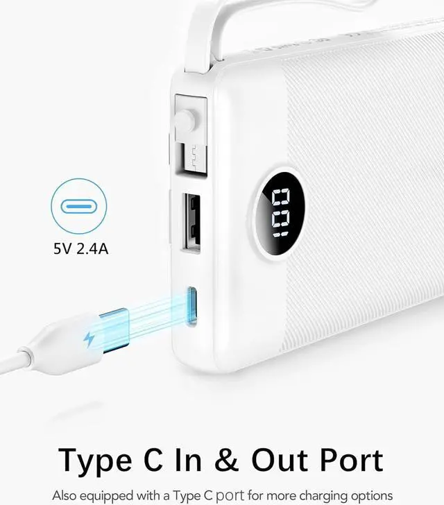 Alt view image 6 of 7 - Portable Charger for iPhone with Built in Cords, 10000mAh USB C Phone Power Bank, VRURC Ultra Slim with 5 Outputs 2 Inputs LED Display External Battery Compatible with iPhone,Samsung, Tablets