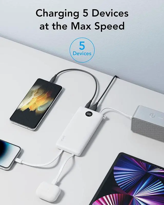 Alt view image 3 of 7 - Portable Charger for iPhone with Built in Cords, 10000mAh USB C Phone Power Bank, VRURC Ultra Slim with 5 Outputs 2 Inputs LED Display External Battery Compatible with iPhone,Samsung, Tablets