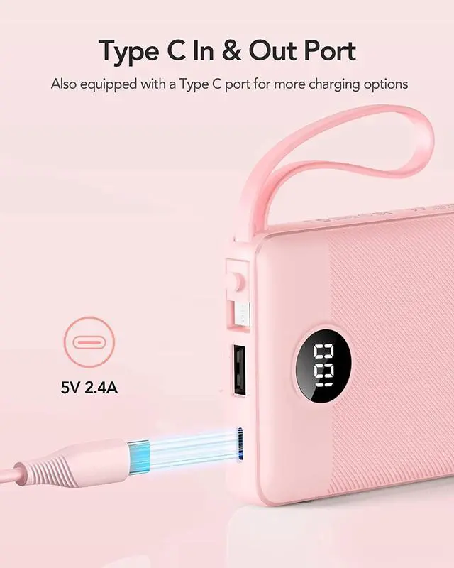 Alt view image 3 of 7 - VRURC Portable Charger Power Bank, 10000mAh Travel Essentials Battery Pack, 5 Outputs 2 Inputs Slim Charging Bank Built-in Cables Cords Wires Compatible with iPhone,Samsung,Android-Pink(1 Pack)