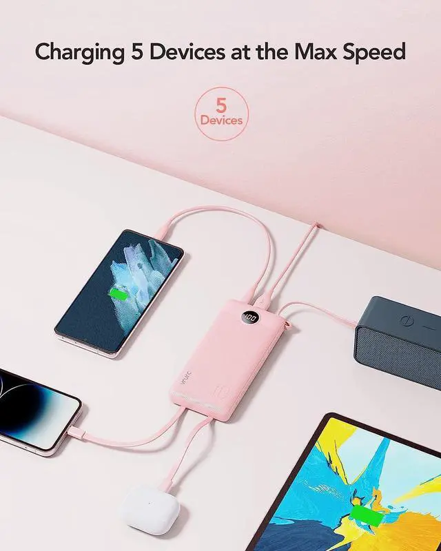 Alt view image 4 of 7 - VRURC Portable Charger Power Bank, 10000mAh Travel Essentials Battery Pack, 5 Outputs 2 Inputs Slim Charging Bank Built-in Cables Cords Wires Compatible with iPhone,Samsung,Android-Pink(1 Pack)