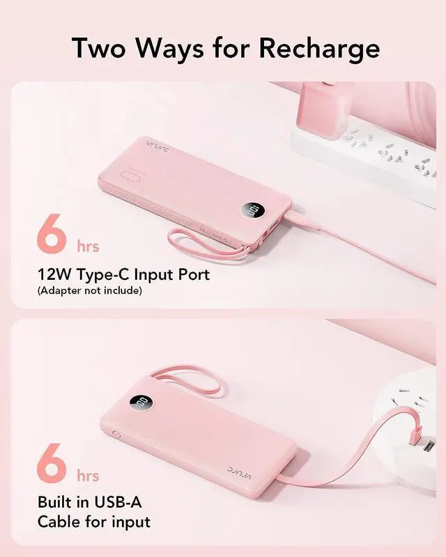 Alt view image 6 of 7 - VRURC Portable Charger Power Bank, 10000mAh Travel Essentials Battery Pack, 5 Outputs 2 Inputs Slim Charging Bank Built-in Cables Cords Wires Compatible with iPhone,Samsung,Android-Pink(1 Pack)