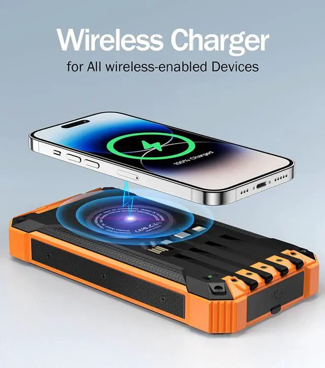 Alt view image 4 of 7 - GOODaaa Power Bank Wireless Charger 36000mAh Built in 4 Cables Six Outputs 15W Fast Charging Power Bank for All Mobile Devices Three Inputs Solar Portable Charger with Dual Flashlights, Carabiner
