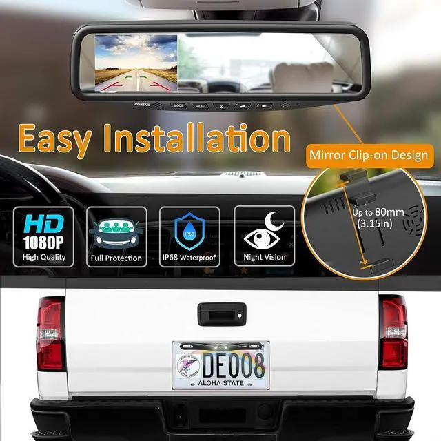 Alt view image 4 of 7 - VT1 1080P Wired Car Backup Camera Kit, Easy to Install for Continuous or Reversing Viewing, 4.3" in-Mirror Clip-on Monitor with HD Backup Camera for Cars, Pickups, SUVs, Vans, Sedans, Trucks