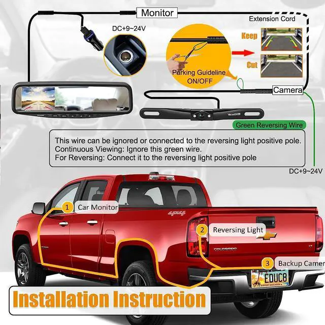 Alt view image 5 of 7 - VT1 1080P Wired Car Backup Camera Kit, Easy to Install for Continuous or Reversing Viewing, 4.3" in-Mirror Clip-on Monitor with HD Backup Camera for Cars, Pickups, SUVs, Vans, Sedans, Trucks