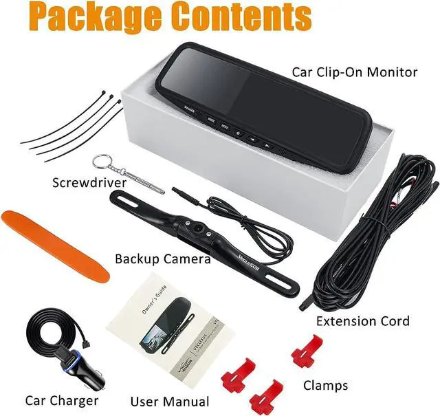 Alt view image 7 of 7 - VT1 1080P Wired Car Backup Camera Kit, Easy to Install for Continuous or Reversing Viewing, 4.3" in-Mirror Clip-on Monitor with HD Backup Camera for Cars, Pickups, SUVs, Vans, Sedans, Trucks