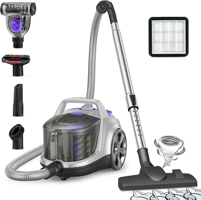 Main image of Aspiron Canister Vacuum Cleaner, Lightweight Bagless Vacuum Cleaner, 3.7QT Large Dust Cup, Automatic Cord Rewind, 5 Tools, HEPA Filter, Variable Speed Portable Vacuum for Hard Floors, Pet, Car, Silver