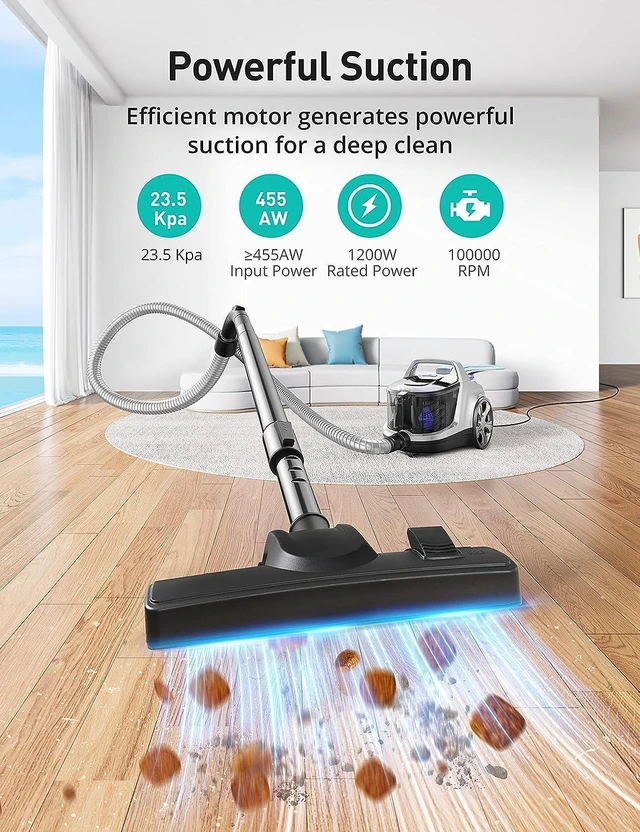 Alt view image 2 of 7 - Aspiron Canister Vacuum Cleaner, Lightweight Bagless Vacuum Cleaner, 3.7QT Large Dust Cup, Automatic Cord Rewind, 5 Tools, HEPA Filter, Variable Speed Portable Vacuum for Hard Floors, Pet, Car, Silver