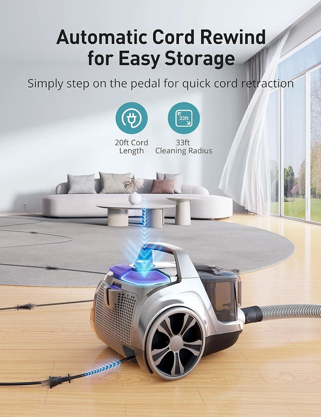 Alt view image 4 of 7 - Aspiron 40Kpa Canister Vacuum Cleaner, 1600W Bagless Canister Vacuum Cleaner with 5 Tools, Auto Cord Rewind, H13 HEPA Filter, 4Qt Large Cup, for Hard Floors, Carpet, Pet, Upholstery, Tiles, Purple
