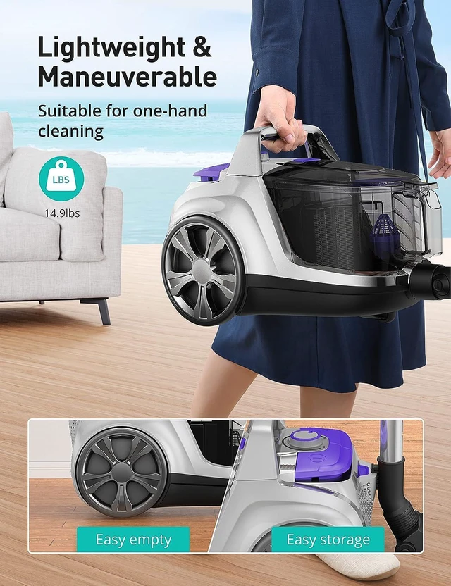 Alt view image 6 of 7 - Aspiron Canister Vacuum Cleaner, Lightweight Bagless Vacuum Cleaner, 3.7QT Large Dust Cup, Automatic Cord Rewind, 5 Tools, HEPA Filter, Variable Speed Portable Vacuum for Hard Floors, Pet, Car, Silver