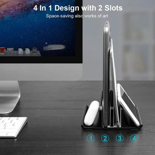 Alt view image 2 of 6 - Double Adjustable Vertical Laptop Stand Newly Designed 2 Slots Aluminum Desktop Dual Holder for All MacBook/Chromebook/Surface//iPad Up to 17.3 Inches - Black