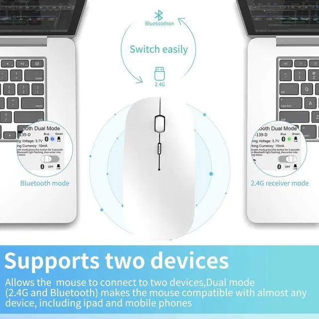 Alt view image 2 of 7 - Bluetooth Mouse, Noiseless Mouse with USB Receiver, Slim Dual Mode(Bluetooth + USB) Rechargeable Bluetooth Wireless Mouse for Laptop, iPad, MacBook Pro,Computer,Notebook, PC (White)