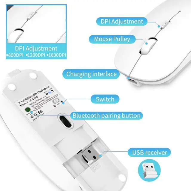Alt view image 6 of 7 - Bluetooth Mouse, Noiseless Mouse with USB Receiver, Slim Dual Mode(Bluetooth + USB) Rechargeable Bluetooth Wireless Mouse for Laptop, iPad, MacBook Pro,Computer,Notebook, PC (White)