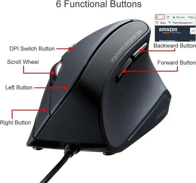 Alt view image 2 of 7 - SANWA Wired Ergonomic Mouse, Optical Vertical Computer Mice, Reduce Wrist Strain, (1000/1600 Adjustable DPI, 6 Buttons) Compatible with MacBook, Laptop, Desktop, Windows, Mac OS for Office & Gaming