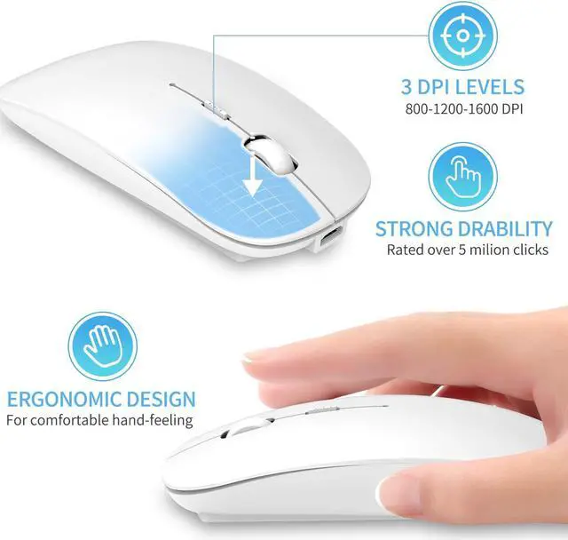 Alt view image 5 of 7 - Bluetooth Mouse, Noiseless Mouse with USB Receiver, Slim Dual Mode(Bluetooth + USB) Rechargeable Bluetooth Wireless Mouse for Laptop, iPad, MacBook Pro,Computer,Notebook, PC (White)