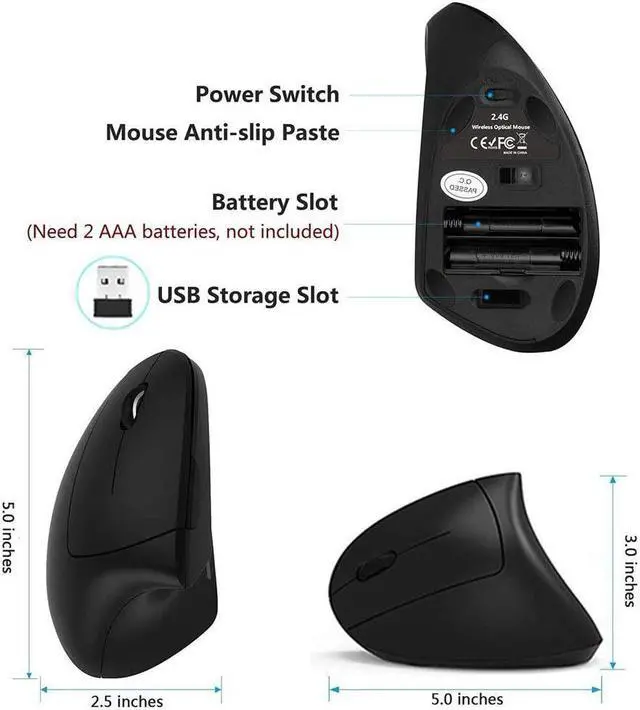 Alt view image 3 of 5 - Lekvey Left Handed Mouse, Wireless 2.4 GHz USB Lefty Left Hand Ergonomic Vertical Mouse, Less Noise - Black