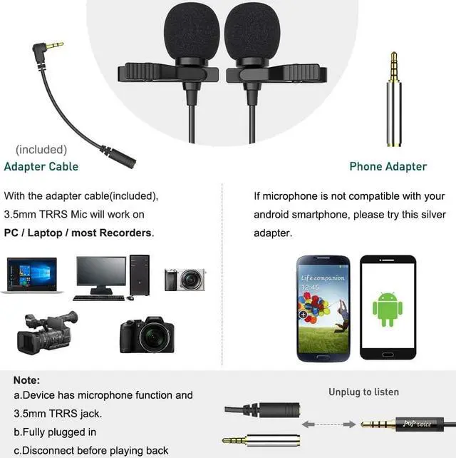 Alt view image 3 of 6 - PoP voice Premium 16 Feet Dual-head Lavalier Microphone, Professional Lapel Clip-on Omnidirectional Condenser Mic for Apple iPhone,Android,PC,Recording Youtube,Interview,Video Conference,Podcast
