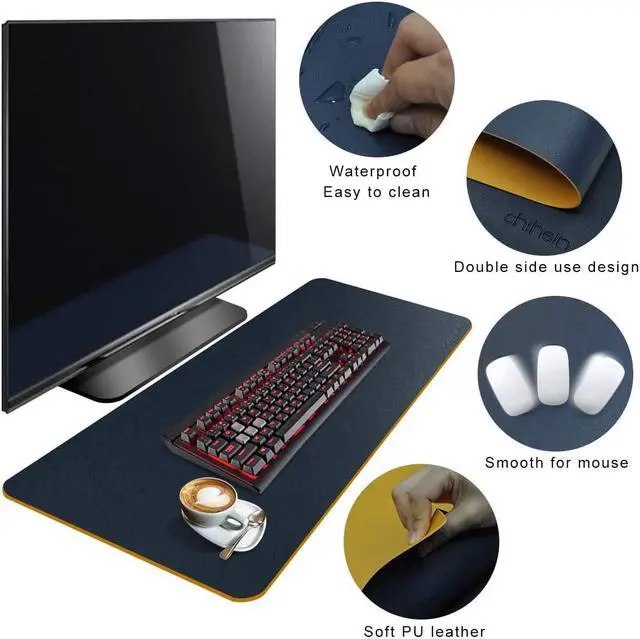 Alt view image 3 of 6 - Chihein Dual-Sided Office Desk Pad, Large Gaming Mouse Pad Ultra Thin Waterproof PU Leather Mousepad Writing Pad ( 37.4"x15.7", Navy Blue/Yellow ) - Large