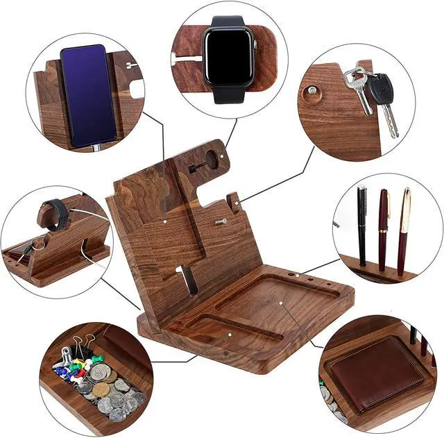 Alt view image 2 of 7 - Ideas for Dad -Wooden Phone Docking Station, Personalized Idea, Custom Engraved Nightstand Organizer with Phone Charge Station, Watch, Key, Wallet Stand, Best Presents for Father's Day, Birthday