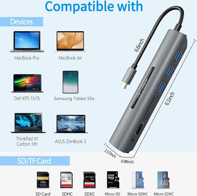 Alt view image 6 of 6 - USB C Hub for MacBook Pro/MacBook air, 8 in 1 USB Type C Adapter with 4K HDMI Multiport, USB 3.0 Port, SD/TF Card Reader, USB C Dongle Port Compatible with MacBook, XPS and More Type C Devices