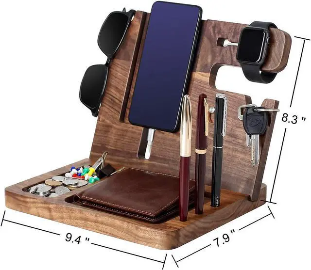 Alt view image 6 of 7 - Ideas for Dad -Wooden Phone Docking Station, Personalized Idea, Custom Engraved Nightstand Organizer with Phone Charge Station, Watch, Key, Wallet Stand, Best Presents for Father's Day, Birthday