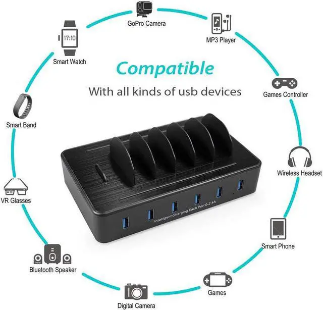 Alt view image 2 of 6 - Fast Charging Station for Multiple Devices,50W 6 USB Ports Family Charger Compatible with Apple iPhone iPad and Android Phone and Tablet