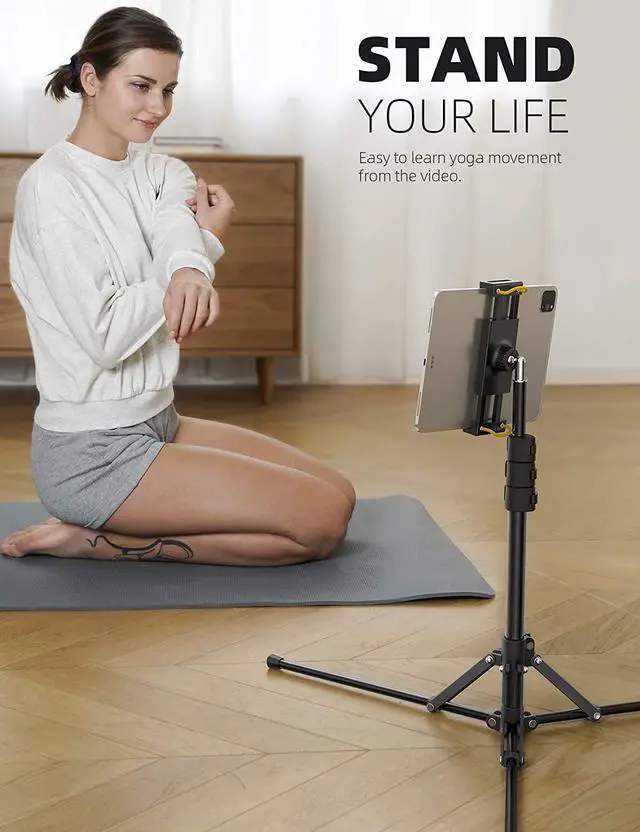 Alt view image 4 of 7 - Tablet Floor Tripod Stand - 64.9 Tablet Holder Mount with Adjustable Height for Stream/Watching with Bluetooth Remote for iPad Pro 12.9 Mini Air iPhone and 4.7-13 Tablet and Cellphone