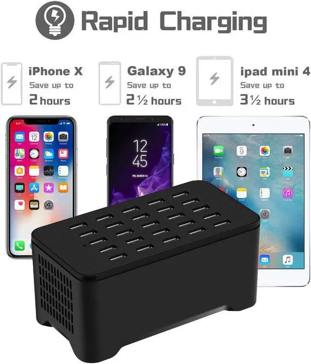 Alt view image 5 of 7 - 25 Ports USB Charger, 125W 25A Desktop USB Charging Station with iSmart Multiple Port, Compatible iPhone Xs Max XR X 8 7 Plus, iPad Pro Air Mini, Galaxy S9 S8 S7 Edge, Tablet and More (Black)