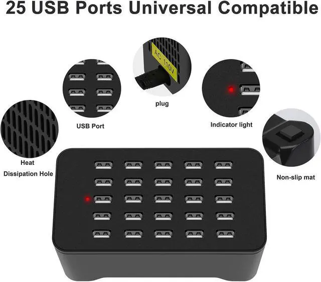 Alt view image 6 of 7 - 25 Ports USB Charger, 125W 25A Desktop USB Charging Station with iSmart Multiple Port, Compatible iPhone Xs Max XR X 8 7 Plus, iPad Pro Air Mini, Galaxy S9 S8 S7 Edge, Tablet and More (Black)