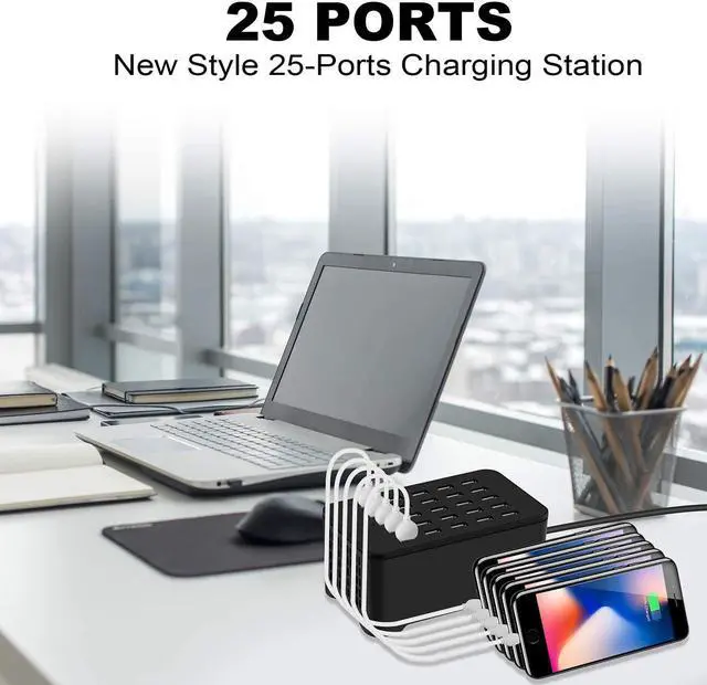 Alt view image 7 of 7 - 25 Ports USB Charger, 125W 25A Desktop USB Charging Station with iSmart Multiple Port, Compatible iPhone Xs Max XR X 8 7 Plus, iPad Pro Air Mini, Galaxy S9 S8 S7 Edge, Tablet and More (Black)