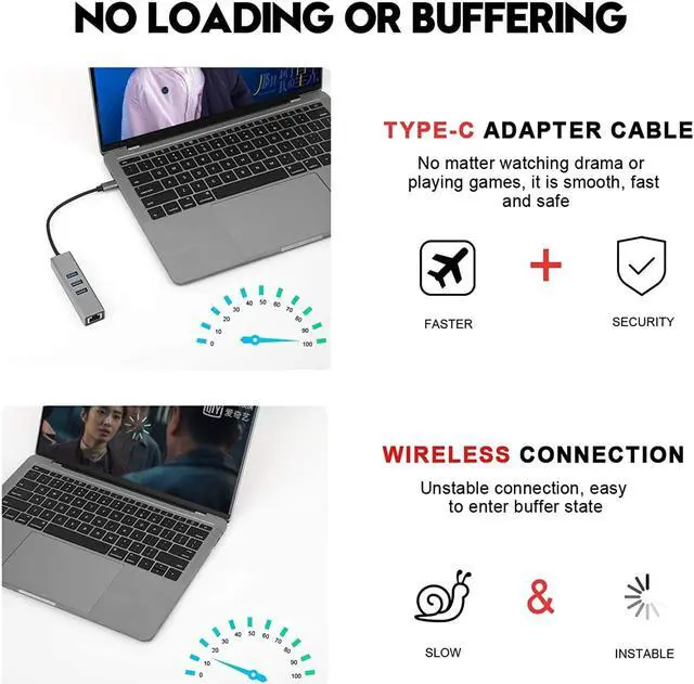 Alt view image 2 of 7 - USB-c hub, Type C to Gigabit Ethernet and 3 USB 3.0 adapters, Aluminum Portable hub, RJ45 Gigabit Ethernet Network Adapter, Converter, hub, for 10 / 100 / 1000 Mbps Ethernet