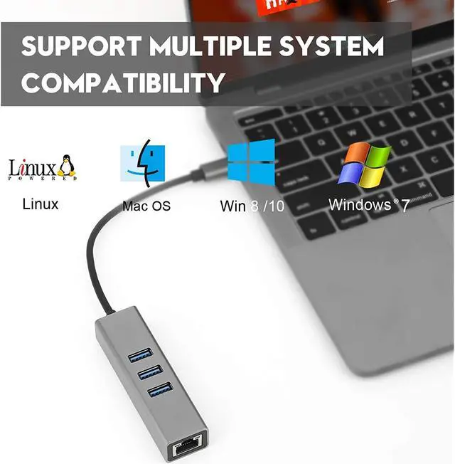 Alt view image 3 of 7 - USB-c hub, Type C to Gigabit Ethernet and 3 USB 3.0 adapters, Aluminum Portable hub, RJ45 Gigabit Ethernet Network Adapter, Converter, hub, for 10 / 100 / 1000 Mbps Ethernet