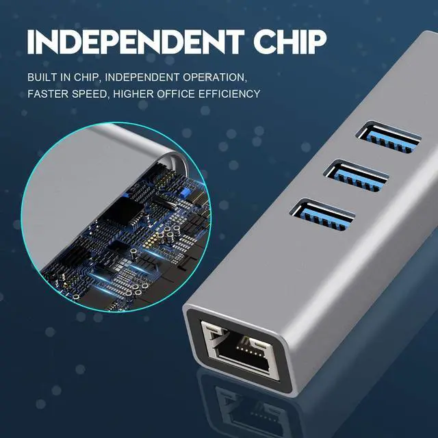 Alt view image 6 of 7 - USB-c hub, Type C to Gigabit Ethernet and 3 USB 3.0 adapters, Aluminum Portable hub, RJ45 Gigabit Ethernet Network Adapter, Converter, hub, for 10 / 100 / 1000 Mbps Ethernet