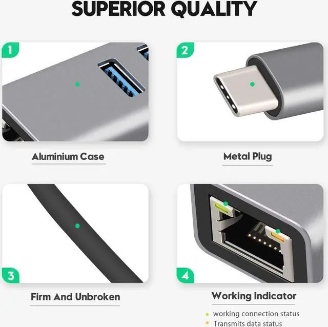 Alt view image 7 of 7 - USB-c hub, Type C to Gigabit Ethernet and 3 USB 3.0 adapters, Aluminum Portable hub, RJ45 Gigabit Ethernet Network Adapter, Converter, hub, for 10 / 100 / 1000 Mbps Ethernet