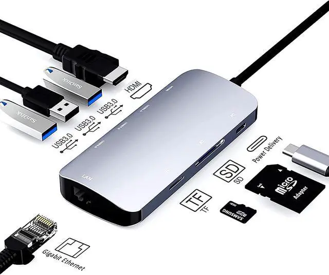Main image of USB C Hub Ethernet Port USB C Adapter GIGABIT 1000M Rj45 8in1 multiport 60W Fast charging-4K HD-MI to 5Gbps Data Transfer,SD/TF, USB C Hub_Flat