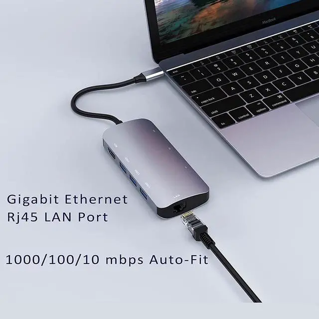 Alt view image 2 of 6 - USB C Hub Ethernet Port USB C Adapter GIGABIT 1000M Rj45 8in1 multiport 60W Fast charging-4K HD-MI to 5Gbps Data Transfer,SD/TF, USB C Hub_Flat
