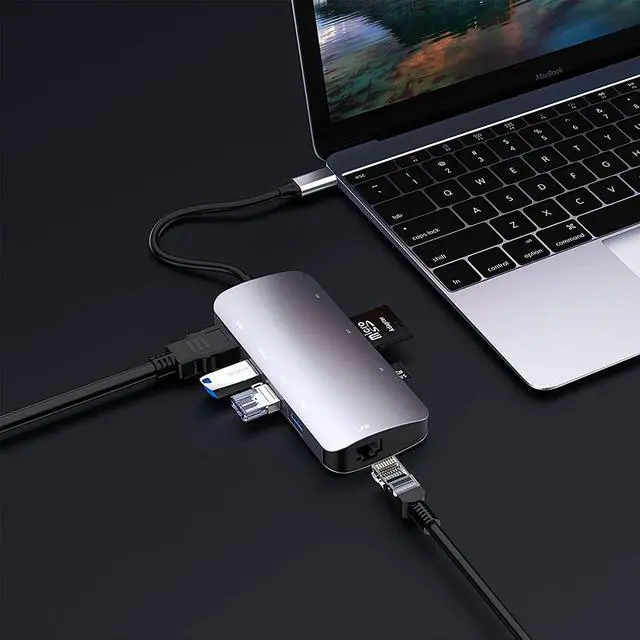 Alt view image 5 of 6 - USB C Hub Ethernet Port USB C Adapter GIGABIT 1000M Rj45 8in1 multiport 60W Fast charging-4K HD-MI to 5Gbps Data Transfer,SD/TF, USB C Hub_Flat