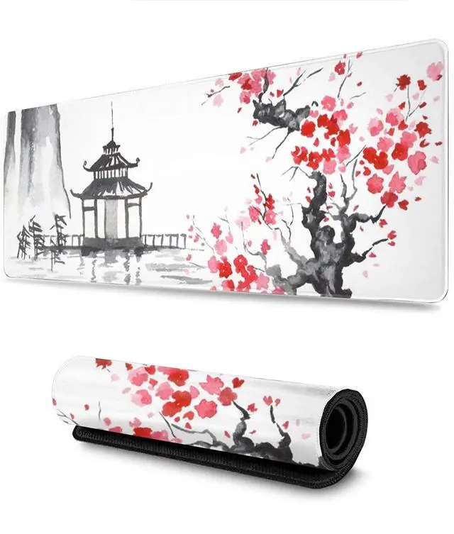 Main image of Black and White Japanese Sumi-E Painting Cherry Blossom Temple Art Gaming Mouse Pad XL Extended Large Mouse Mat Desk Pad Stitched Edges Mousepad Long Non-Slip Rubber Base Mice Pad 31.5 X 11.8 Inch