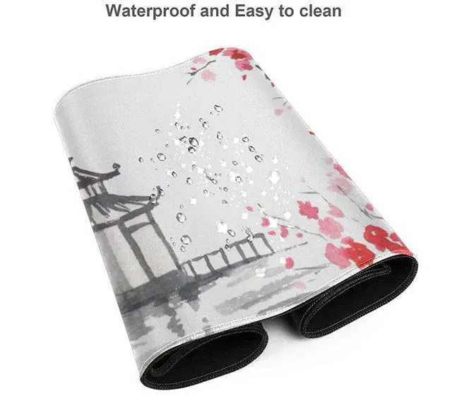 Alt view image 4 of 6 - Black and White Japanese Sumi-E Painting Cherry Blossom Temple Art Gaming Mouse Pad XL Extended Large Mouse Mat Desk Pad Stitched Edges Mousepad Long Non-Slip Rubber Base Mice Pad 31.5 X 11.8 Inch