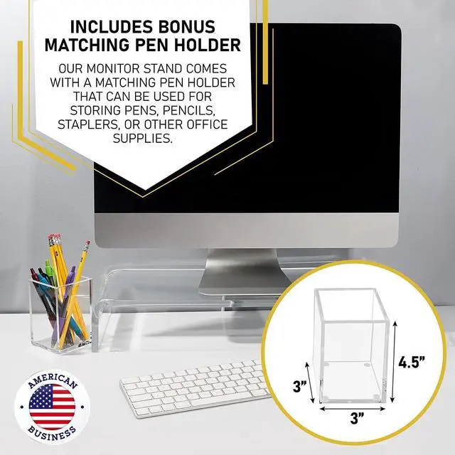 Alt view image 6 of 7 - Dasher Products Acrylic Laptop Stand with Matching Pen Holder, Contemporary Design, Ergonomic Viewing Position, Raises Monitor 3 inches, 12mm Thick Clear Acrylic, No More Clutter