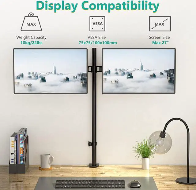 Alt view image 2 of 7 - WALI Extra Tall Dual LCD Monitor Fully Adjustable Desk Mount Fits 2 Screens up to 27 inch, 22 lbs. Weight Capacity per Arm (M002XL), Black