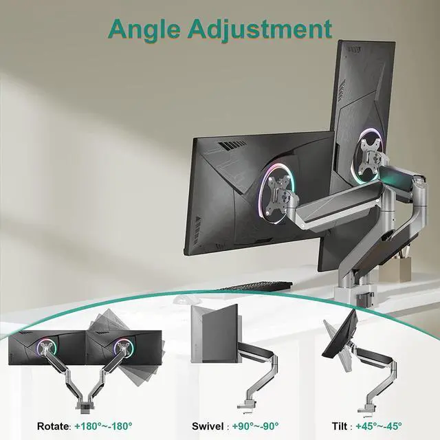 Alt view image 4 of 7 - WALI Dual Monitor Mount, Monitor Arms for 2 Monitors, Fully Adjustable Gas Spring, with 2 Easily Accessible USB 3.0 Ports for Display Up to 35 Inch, 33lbs, (GSMU002), Silver