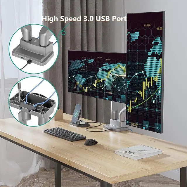 Alt view image 3 of 7 - WALI Dual Monitor Mount, Monitor Arms for 2 Monitors, Fully Adjustable Gas Spring, with 2 Easily Accessible USB 3.0 Ports for Display Up to 35 Inch, 33lbs, (GSMU002), Silver
