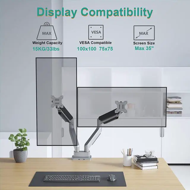 Alt view image 2 of 7 - WALI Dual Monitor Mount, Monitor Arms for 2 Monitors, Fully Adjustable Gas Spring, with 2 Easily Accessible USB 3.0 Ports for Display Up to 35 Inch, 33lbs, (GSMU002), Silver