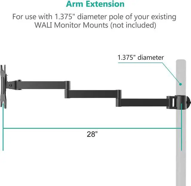 Alt view image 4 of 6 - WALI Single Monitor Arm, Universal 3 Tier Arm Fully Adjustable Pole Mount Bracket for WALI Monitor Mounting System (001ARMXL), Black
