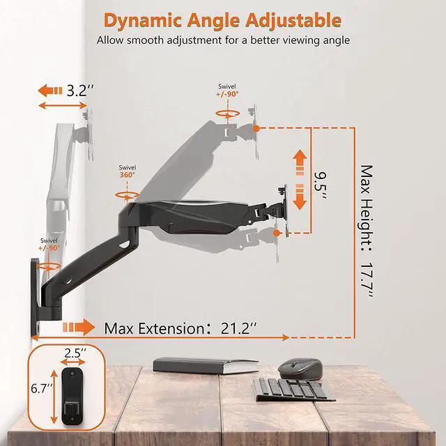 Alt view image 4 of 7 - WALI Single Monitor Wall Mount, Gas Spring Monitor Arm for 1 Screen up to 32 inch, 19.8 lbs. Fully Adjustable Arm Max Extension 21.2 inch (GSWM001), Black