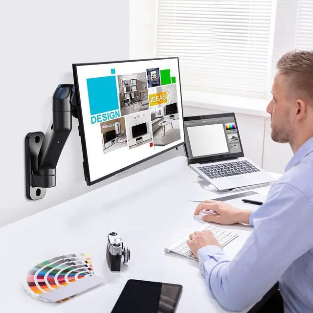 Alt view image 3 of 7 - WALI Single Monitor Wall Mount, Gas Spring Monitor Arm for 1 Screen up to 32 inch, 19.8 lbs. Fully Adjustable Arm Max Extension 21.2 inch (GSWM001), Black